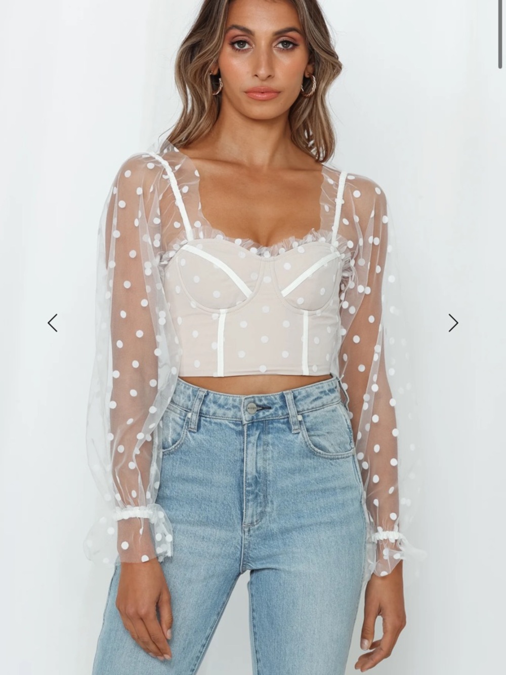 Hello Molly Taupe & Ivory Polka Dot Mesh Crop Top